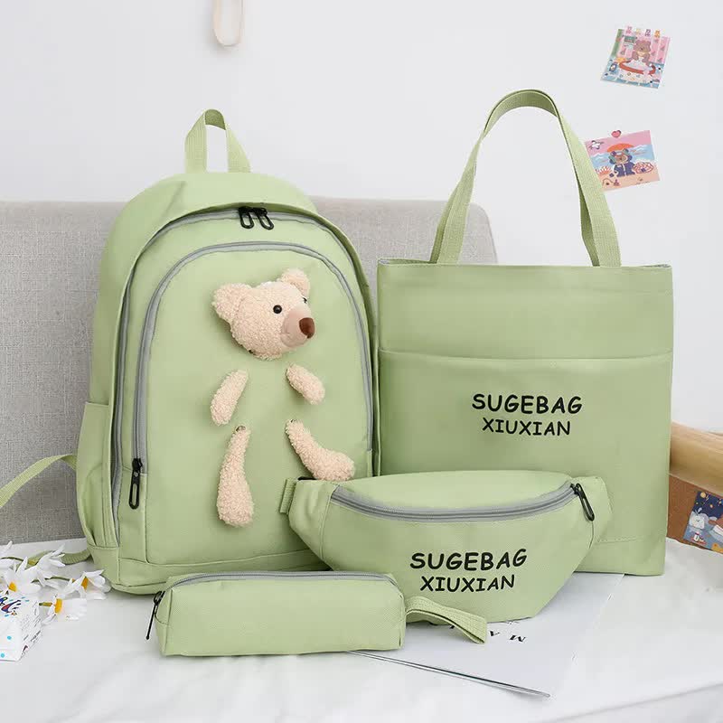 Checked Green Cute Little Bear Girls' Backpack Set Korean Style Large Capacity School Bag For High & Middle Students 4 P