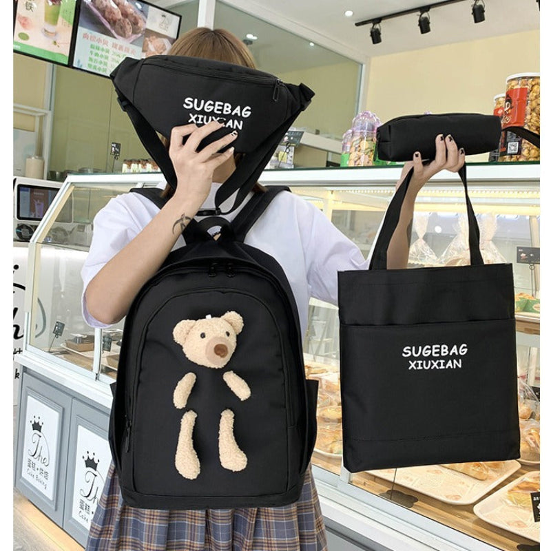 Checked Green Cute Little Bear Girls' Backpack Set Korean Style Large Capacity School Bag For High & Middle Students 4 P