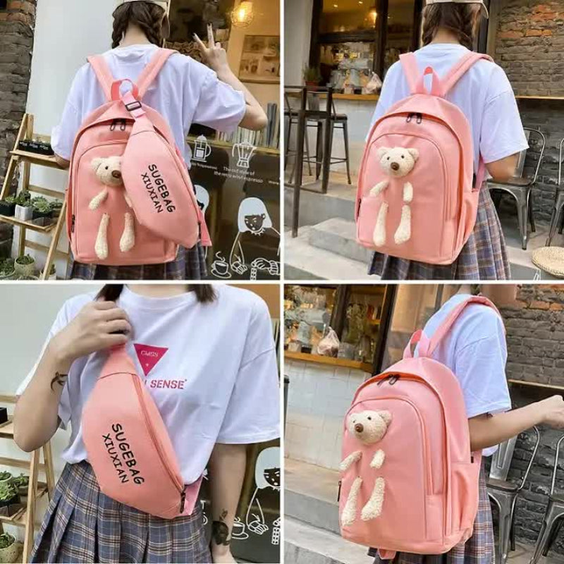 Checked Green Cute Little Bear Girls' Backpack Set Korean Style Large Capacity School Bag For High & Middle Students 4 P