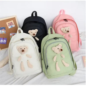 Checked Green Cute Little Bear Girls' Backpack Set Korean Style Large Capacity School Bag For High & Middle Students 4 P