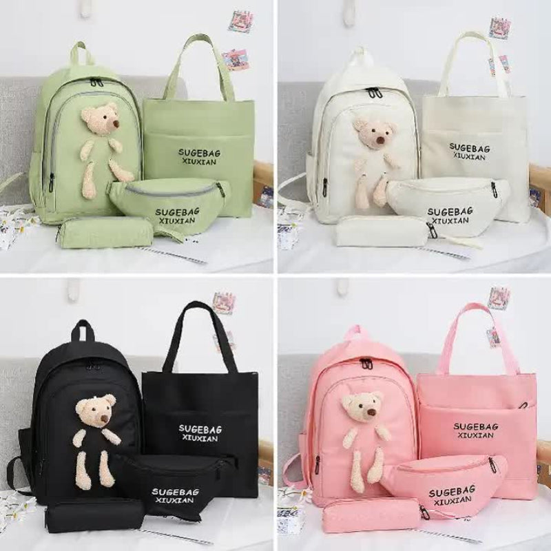 Checked Green Cute Little Bear Girls' Backpack Set Korean Style Large Capacity School Bag For High & Middle Students 4 P