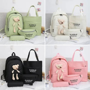 Checked Green Cute Little Bear Girls' Backpack Set Korean Style Large Capacity School Bag For High & Middle Students 4 P