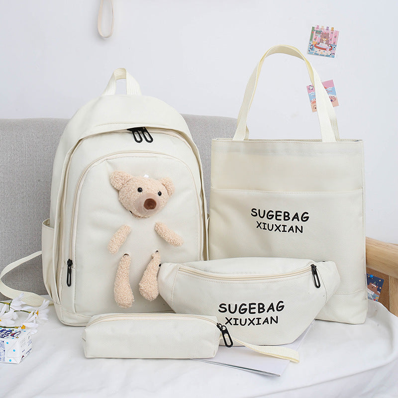 White Cute Little Bear Girls' Backpack Set Korean Style Large Capacity School Bag For High & Middle Students 4 Piece