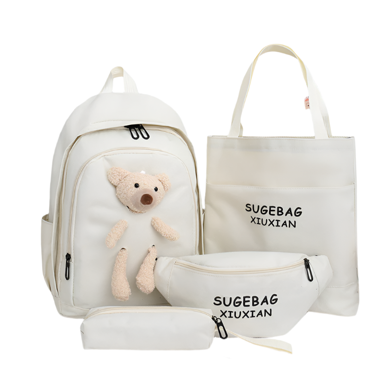 White Cute Little Bear Girls' Backpack Set Korean Style Large Capacity School Bag For High & Middle Students 4 Piece