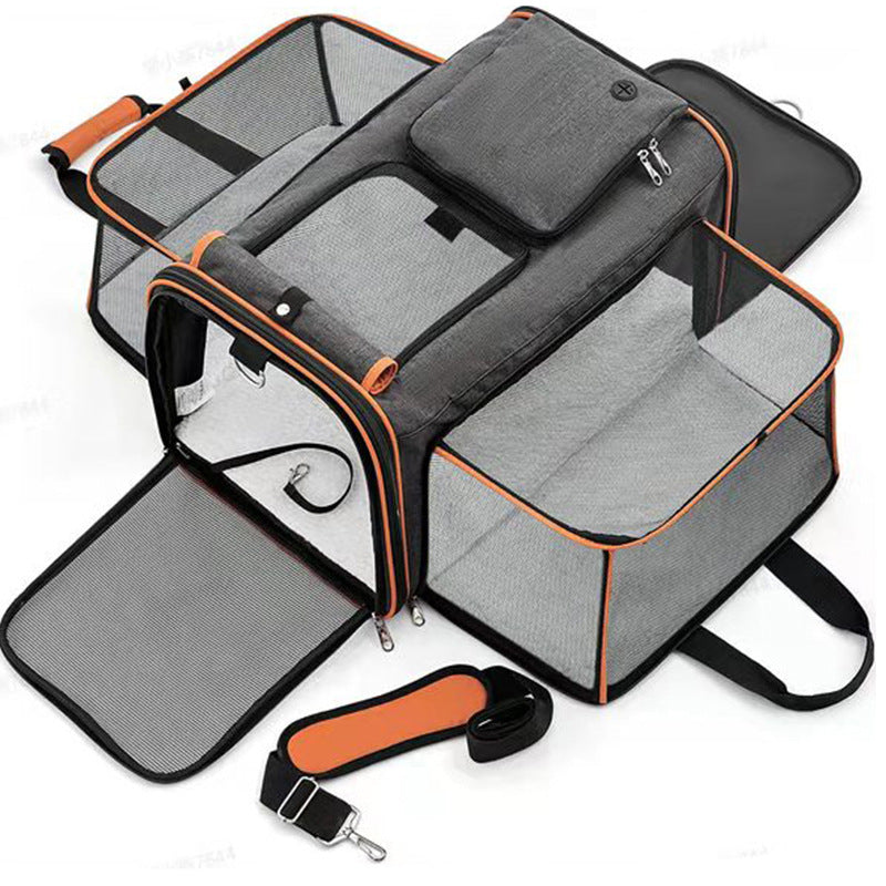 Gray Orange Foldable Portable Pet Carrier Bag Large Capacity Travel Backpack For Cats And Small Dogs Expandable Handheld