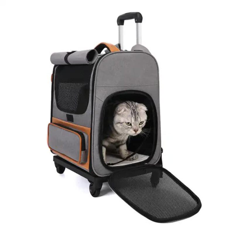 Grey Large Capacity Breathable Foldable Pet Trolley Travel Cat Carrier With Wheels Portable Spacious And Convenient For