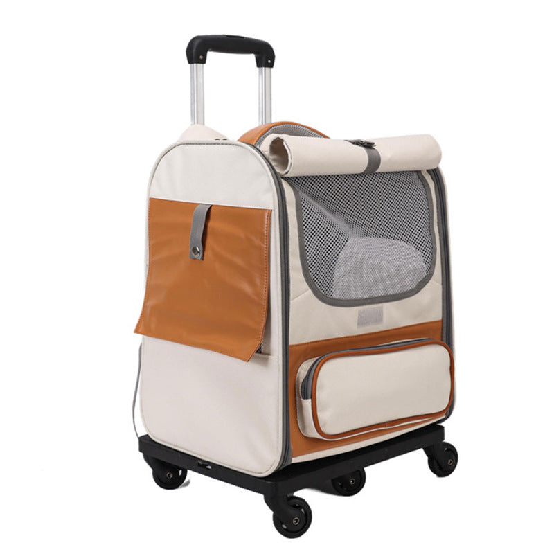 Off White Large Capacity Breathable Foldable Pet Trolley Travel Cat Carrier With Wheels Portable Spacious And Convenient