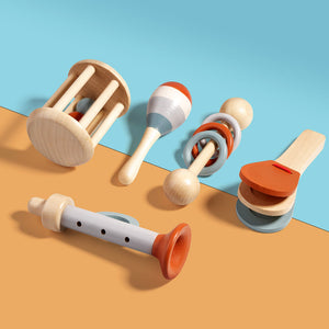 Elosung Wooden Orff Instrument Set For Kids Includes Rattle Maraca Bell Trumpet And Bed Early Learning Musical Toy Toddl