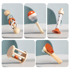 Elosung Wooden Orff Instrument Set For Kids Includes Rattle Maraca Bell Trumpet And Bed Early Learning Musical Toy Toddl