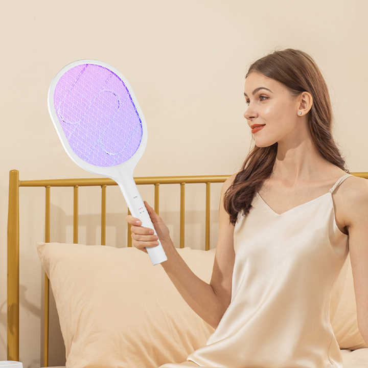 White Rechargeable Electric Mosquito Racket 2 In 1 Killer With Lithium Battery Fly Swatter & Zapper For Home Use