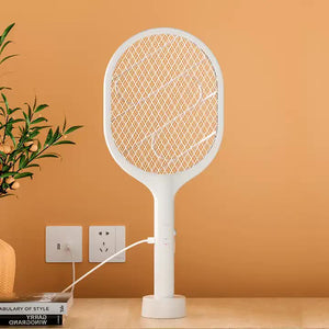 White Rechargeable Electric Mosquito Racket 2 In 1 Killer With Lithium Battery Fly Swatter & Zapper For Home Use