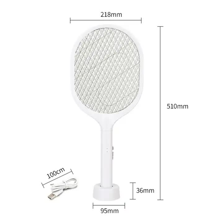 White Rechargeable Electric Mosquito Racket 2 In 1 Killer With Lithium Battery Fly Swatter & Zapper For Home Use