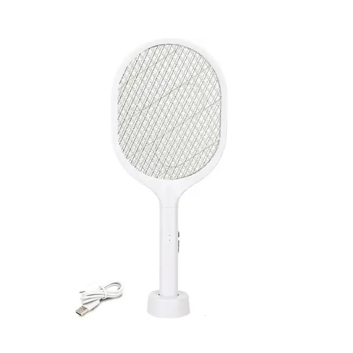 White Rechargeable Electric Mosquito Racket 2 In 1 Killer With Lithium Battery Fly Swatter & Zapper For Home Use