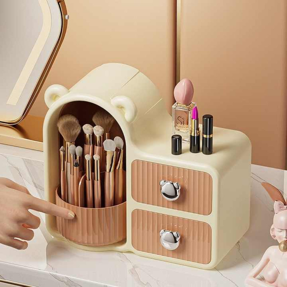 Brown Rotating Desktop Cosmetic Organiser High End Dustproof Wall Mounted Storage Box With Drawer For Vanity Makeup And