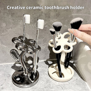 Black Creative Ceramic Toothbrush Holder Makeup Brush & Eyebrow Pencil Organizer For Bathroom Stylish And Practical Stan