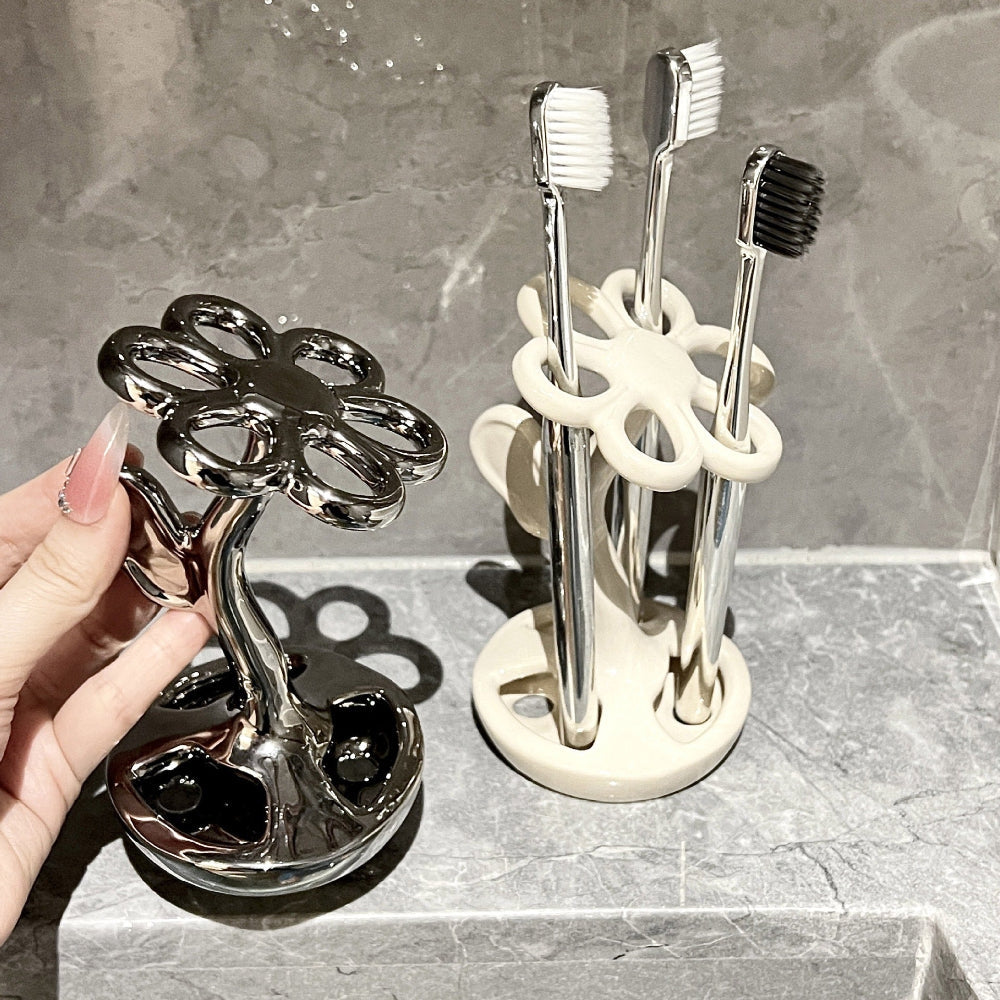 Black Creative Ceramic Toothbrush Holder Makeup Brush & Eyebrow Pencil Organizer For Bathroom Stylish And Practical Stan