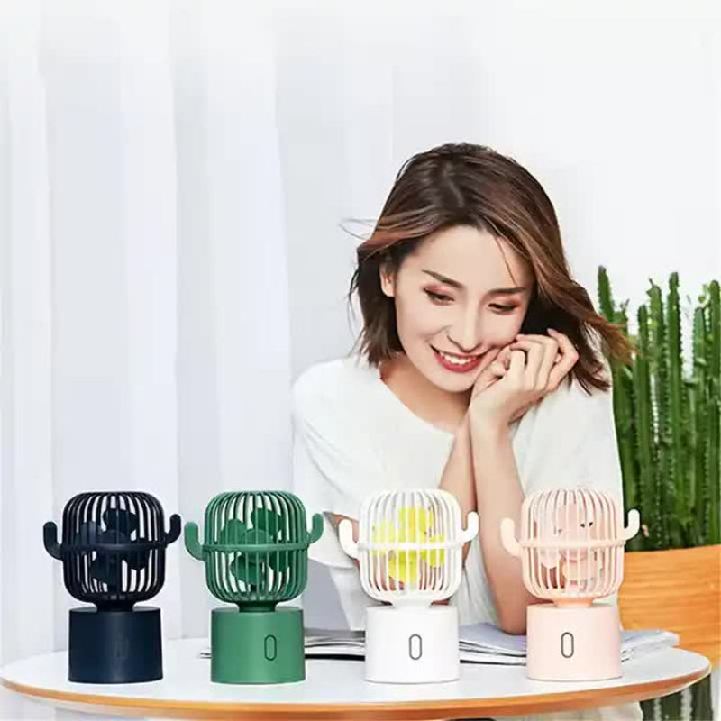 Green Cactus Shaped Usb Rechargeable Fan Creative Desktop For Home & Office With Adjustable Head Cooling On The Go