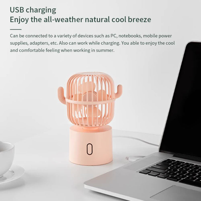 Green Cactus Shaped Usb Rechargeable Fan Creative Desktop For Home & Office With Adjustable Head Cooling On The Go