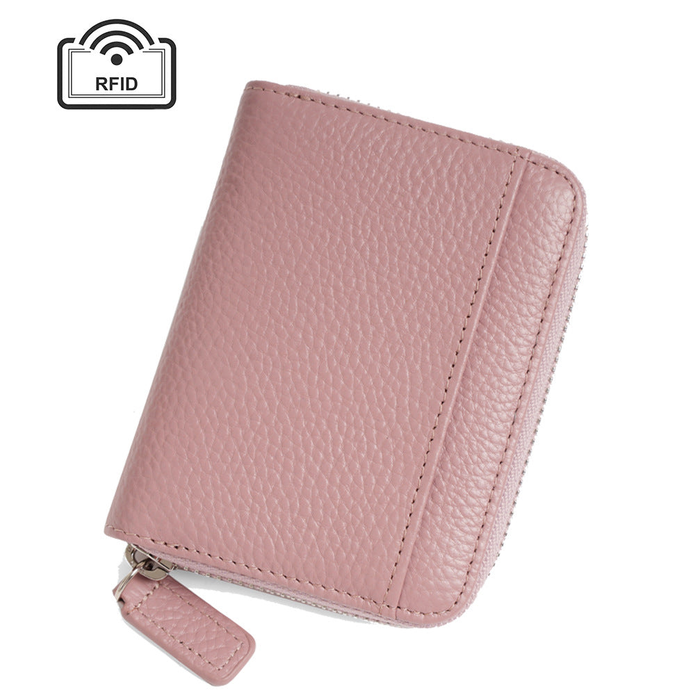 Pink Genuine Leather Womens Wallet Short Accordion Card Holder With Rfid Protection Zippered Coin Purse In Cowhide Japan