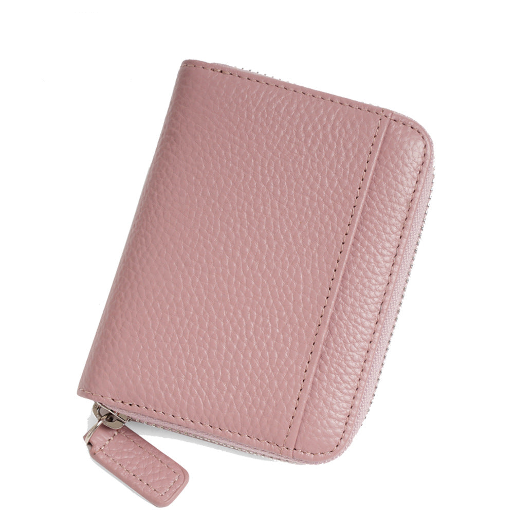 Pink Genuine Leather Womens Wallet Short Accordion Card Holder With Rfid Protection Zippered Coin Purse In Cowhide Japan