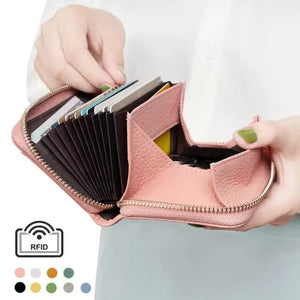 Pink Genuine Leather Womens Wallet Short Accordion Card Holder With Rfid Protection Zippered Coin Purse In Cowhide Japan