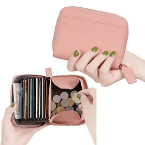 Pink Genuine Leather Womens Wallet Short Accordion Card Holder With Rfid Protection Zippered Coin Purse In Cowhide Japan