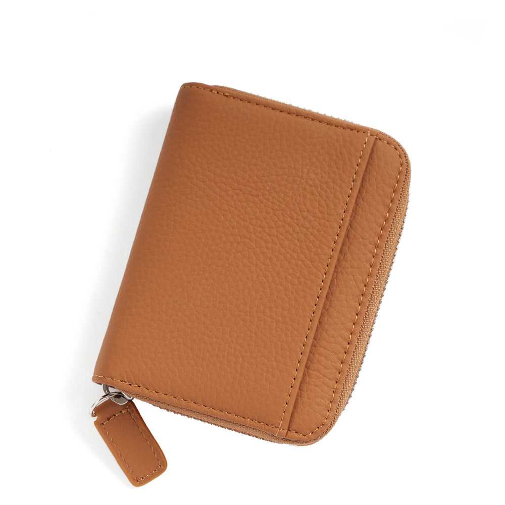 Brown Genuine Leather Women Wallet Short Accordion Card Holder With Rfid Protection Zippered Coin Purse In Cowhide Japan