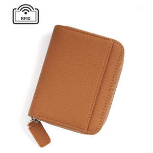 Brown Genuine Leather Women Wallet Short Accordion Card Holder With Rfid Protection Zippered Coin Purse In Cowhide Japan