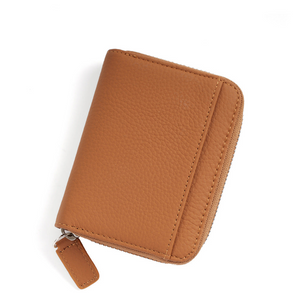 Brown Genuine Leather Women Wallet Short Accordion Card Holder With Rfid Protection Zippered Coin Purse In Cowhide Japan