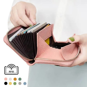 Brown Genuine Leather Women Wallet Short Accordion Card Holder With Rfid Protection Zippered Coin Purse In Cowhide Japan