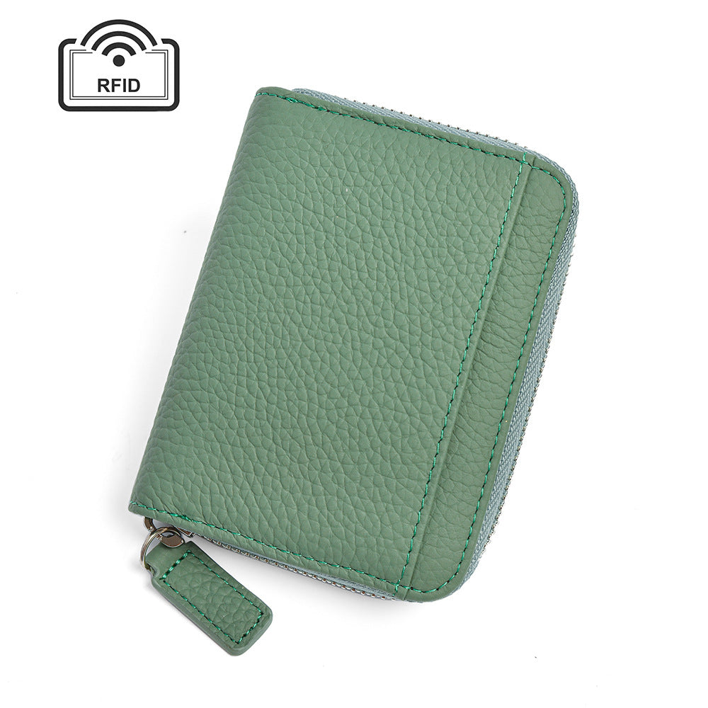 Green Genuine Leather Women's Wallet Short Accordion Card Holder With Rfid Protection Zippered Coin Purse In Cowhide Jap