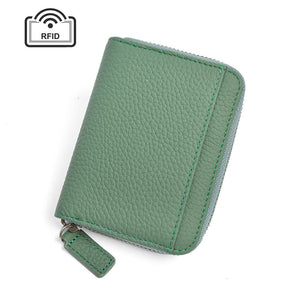 Green Genuine Leather Women's Wallet Short Accordion Card Holder With Rfid Protection Zippered Coin Purse In Cowhide Jap