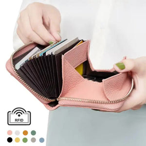 Green Genuine Leather Women's Wallet Short Accordion Card Holder With Rfid Protection Zippered Coin Purse In Cowhide Jap