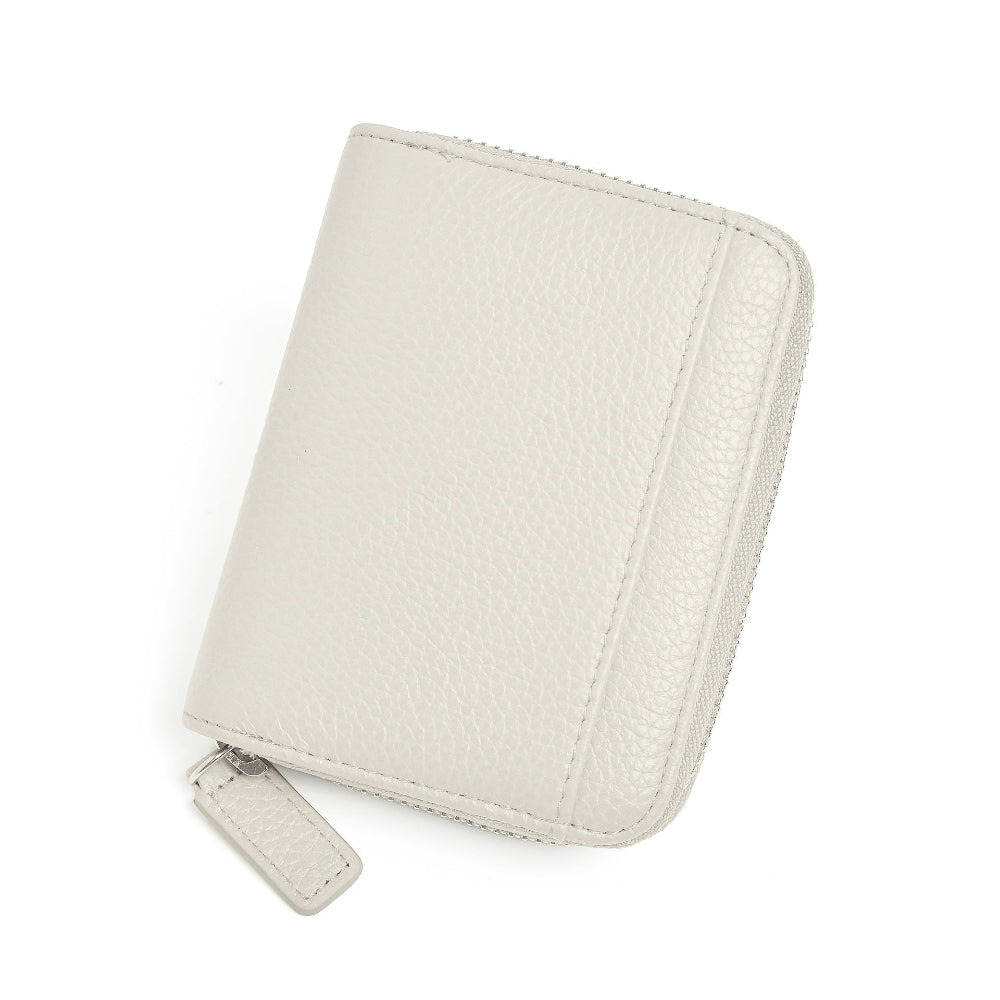 White Genuine Leather Women's Wallet Short Accordion Card Holder With Rfid Protection Zippered Coin Purse In Cowhide Jap