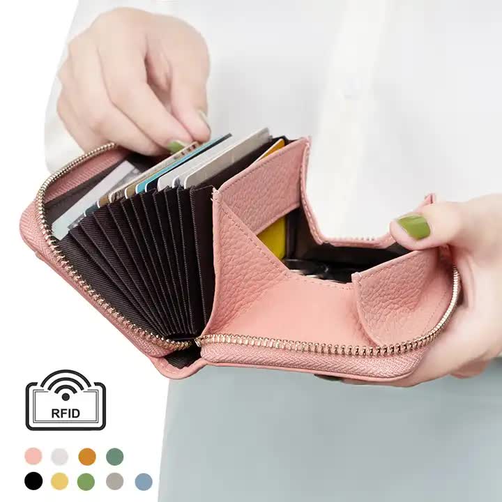 White Genuine Leather Women's Wallet Short Accordion Card Holder With Rfid Protection Zippered Coin Purse In Cowhide Jap