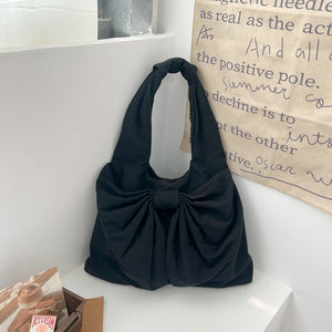 Black Women's Bowknot Shoulder Bag New Sweet Style Large Capacity Canvas Tote Commuter Single Handbag