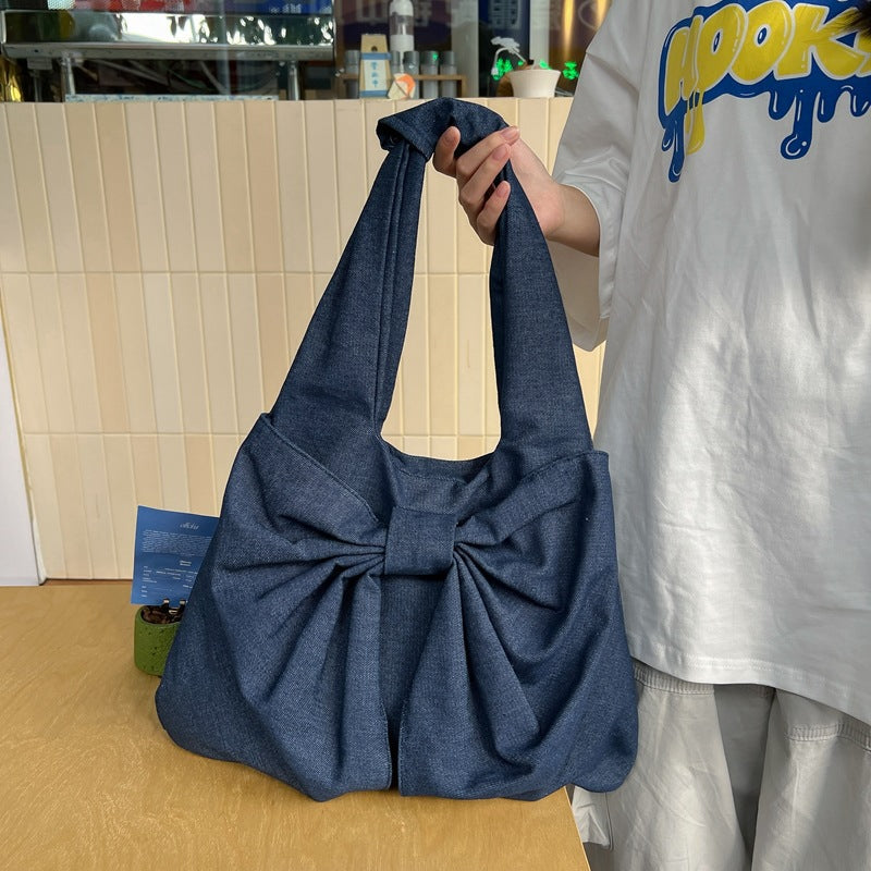 Blue Women's Bowknot Shoulder Bag New Sweet Style Large Capacity Canvas Tote Commuter Single Handbag