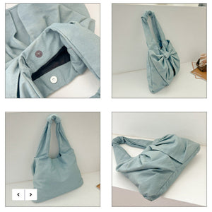 Blue Women's Bowknot Shoulder Bag New Sweet Style Large Capacity Canvas Tote Commuter Single Handbag