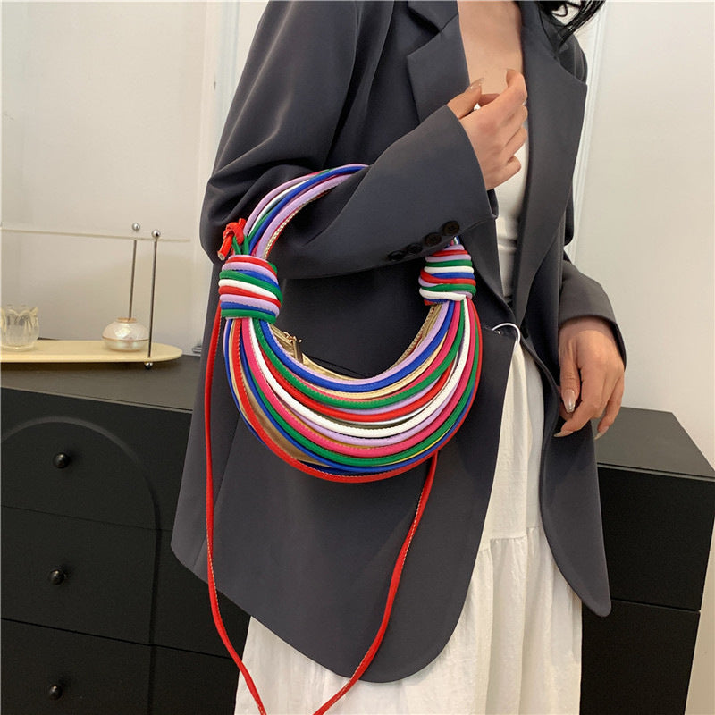 Multi Coloured Fashionable Candy Color Handbag Crossbody Women's Woven Bag With Unique Line Design