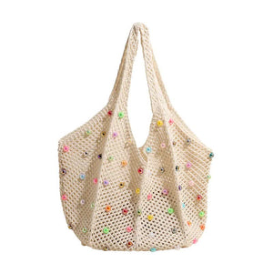 White Summer Woven Handbag A Hollow Straw Beach Tote With Colorful Beads Lazy Style Large Capacity Shoulder Bag For Vaca