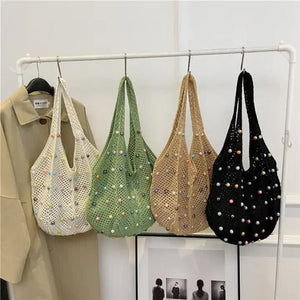 White Summer Woven Handbag A Hollow Straw Beach Tote With Colorful Beads Lazy Style Large Capacity Shoulder Bag For Vaca