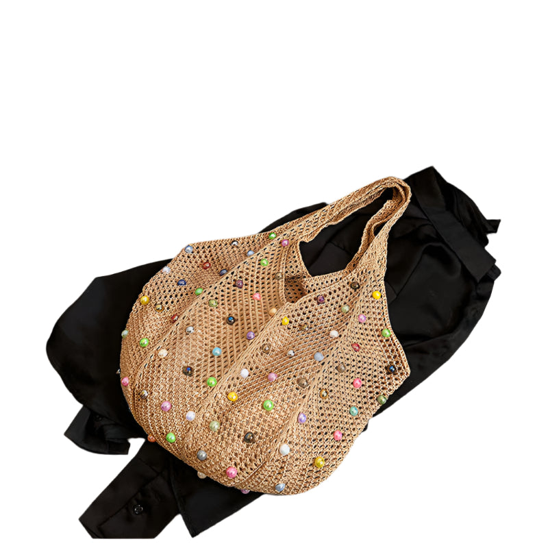 Brown Summer Woven Handbag Hollow Straw Beach Tote With Colourful Beads Lazy Style Large Capacity Shoulder Bag For Vacat