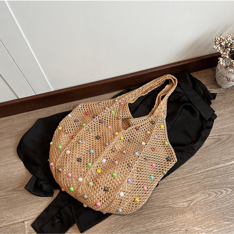 Brown Summer Woven Handbag Hollow Straw Beach Tote With Colourful Beads Lazy Style Large Capacity Shoulder Bag For Vacat