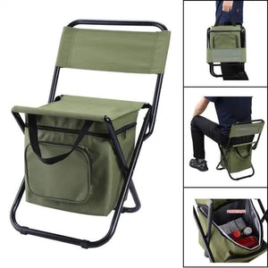 Green Portable 3 In 1 Folding Camping Chair With Storage Bag Backrest And Insulated Cooler For Outdoor Fishing Hiking Pi