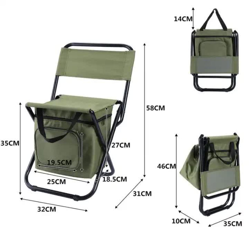 Green Portable 3 In 1 Folding Camping Chair With Storage Bag Backrest And Insulated Cooler For Outdoor Fishing Hiking Pi