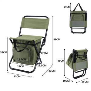 Green Portable 3 In 1 Folding Camping Chair With Storage Bag Backrest And Insulated Cooler For Outdoor Fishing Hiking Pi