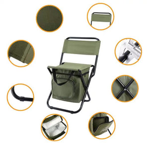 Green Portable 3 In 1 Folding Camping Chair With Storage Bag Backrest And Insulated Cooler For Outdoor Fishing Hiking Pi