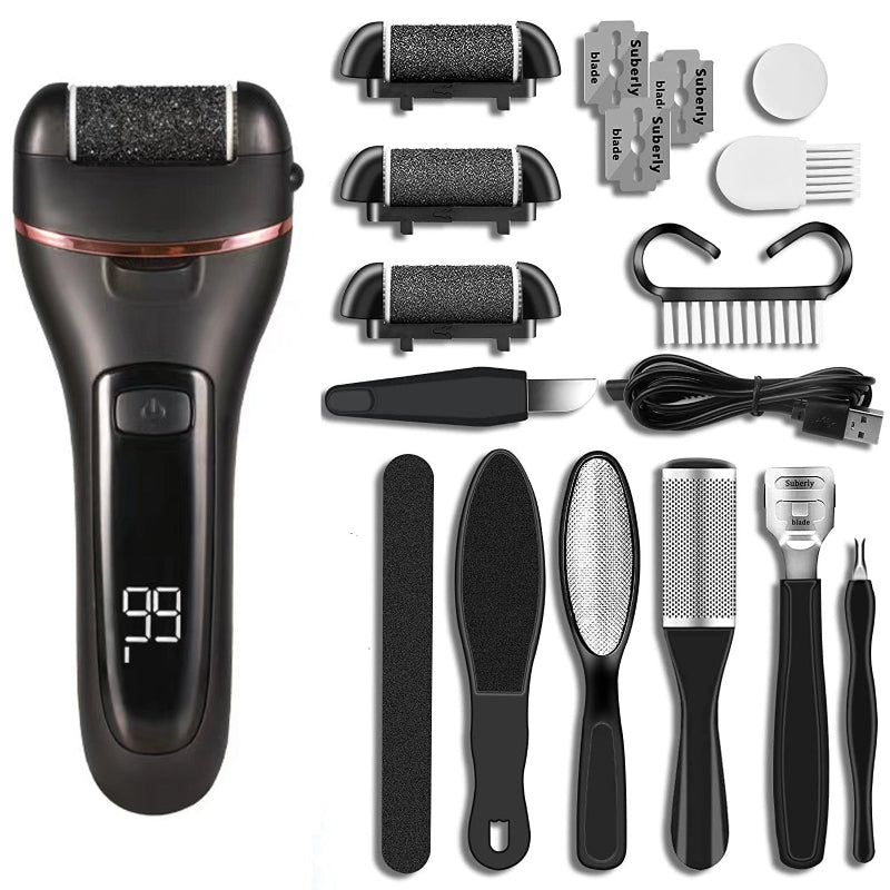 Black 10 Pcs Suit Electric Foot Callus Remover With Lcd Display | Waterproof Pedicure Set Dual Speed Dead Skin Exfoliato