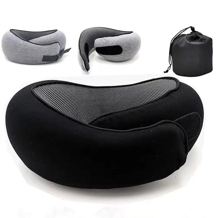 Black Hook-And-Loop Tape Memory Foam U Shaped Neck Pillow Travel Cushion Adjustable With Magnetic Therapy Cloth