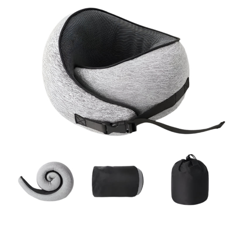 Light Gray Buckle Tape Memory Foam U Shaped Neck Pillow Snail Travel Cushion For Airplane Office Nap And Adjustable With